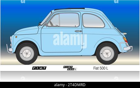 Italien, Jahr 1968, Fiat 500 L beliebter Oldtimer, Silhouette auf blauem Hintergrund, farbige Abbildung Stockfoto