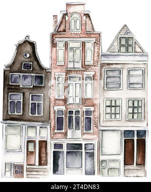 Illustration eines alten Gebäudes europe Houses. Blick auf die Altstadt von Amsterdam mit verschiedenen Häusern und Fassaden. Handgezeichnete Aquarellelemente. Stockfoto