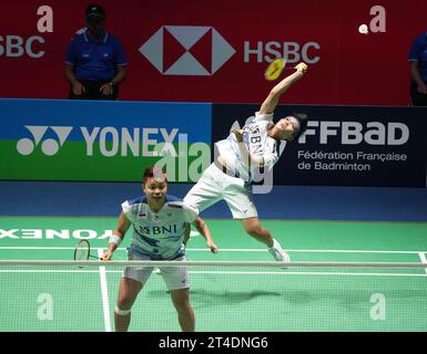 Siti Fadia Silva Ramadhanti und Apriyani Rahayu aus Indonesien, Halbfinale, Frauen-Doppel während der Yonex Internationaux de France 2023, Super 750 Badminton HSBC BWF World Tour am 28. Oktober 2023 in der Glaz Arena in Cesson-Sévigné, Frankreich - Foto Laurent Lairys/DPPI Credit: DPPI Media/Alamy Live News Stockfoto