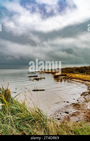 Die Küstenlinie entlang eines Naturstrands im Herbst, an der Nordseeküste.Dunkle Wolken unterstreichen den Herbst Stockfoto