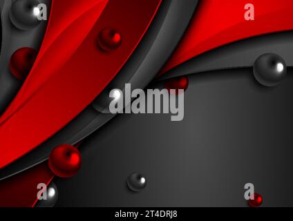 Leuchtend rot und schwarz abstraktes technisches Wellendesign mit hochglänzenden 3D-Kreisen. Geometrischer futuristischer Unternehmenshintergrund. Vektorabbildung Stock Vektor