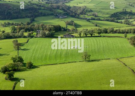 Ein malerisches Flickenteppich aus grünen Feldern in der Nähe von Ilam, von Bunster Hill aus gesehen, Staffordshire, England Stockfoto