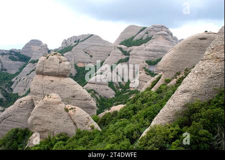 Singuläres Relief aus Konglomeratgestein in Montserrat, Provinz Barcelona, Katalonien, Spanien. Stockfoto