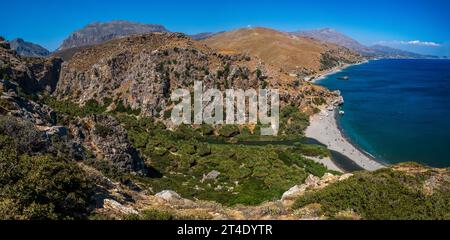 Blick auf den Preveli-Strand auf Kreta, Griechenland; berühmter Strand mit Fluss und Palmen im libyschen Meer Stockfoto