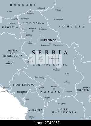 Serbien und Kosovo, Binnenländer in Südosteuropa, graue politische Karte. Republik Serbien mit der Hauptstadt Belgrad und der Republik Kosovo. Stockfoto