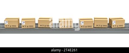 Seitenansicht der horizontalen Förderbänder mit auf weiß isolierten Paketen. 3D-Hintergrund rendern Stockfoto