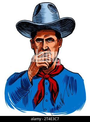 Amerikanischer Cowboy-Charakter. Handgezeichnete Tinte auf Papier und handgemalt auf Tablette Stockfoto