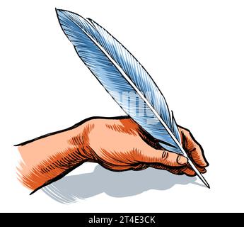 Hand schreiben mit einem Federstift. Handgezeichnete Tinte auf Papier und handgemalt auf Tablette Stockfoto