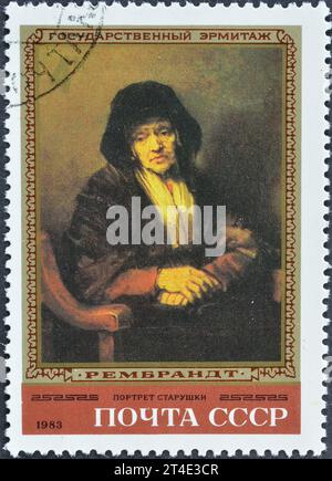 Gestempelte Briefmarke, gedruckt von der UdSSR, auf der das Gemälde Portrait of an Old Woman, Rembrandt (1654), Gemälde Rembrandt im Eremitage Museum gezeigt werden Stockfoto