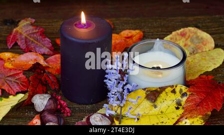 Eine schwarze und eine weiße Kerze inmitten farbenfroher Herbstblätter. Herbstliches Gefühl. Stockfoto