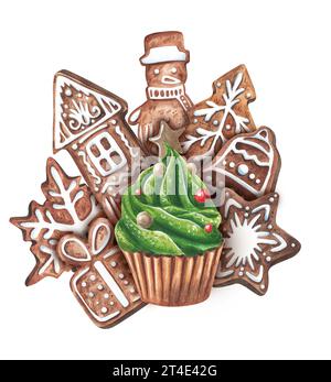 Grüner Cupcake und Lebkuchenmann, Sterne, Haus, Schneemann, Kegel, Schneeflocke. Tanne, weihnachtliche Ingwerkekse. Handgezeichnete Illustration mit Aquarell Stockfoto