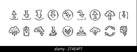 Download und Upload der Datei Doodle-Symbole. Schaltflächen der Benutzeroberfläche für handgezeichnete Skizzen. Cloud Data Server-Technologie. Pfeilsymbol für digitale Speicherung. Stock Vektor