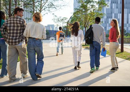 Multikulturelle Gruppe von Studenten, die die Universität verlassen und nach Hause gehen. Stockfoto