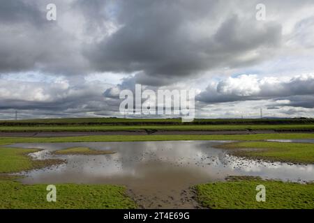 Überfluteter und wasserdurchfluteter Boden Becconsall Out Marsh mit Blick auf den Fluss Douglas bei Hesketh Bank Lancashire England Stockfoto