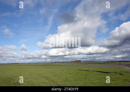 Überfluteter und wasserdurchfluteter Boden Becconsall Out Marsh mit Blick auf den Fluss Douglas bei Hesketh Bank Lancashire England Stockfoto