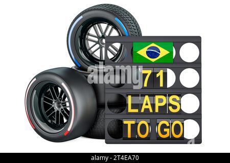 Interlagos Racing, Boxenbrett mit Flagge Brasiliens und Rennräder mit verschiedenen Reifenmischungen. 3D-Rendering isoliert auf weißem Hintergrund Stockfoto