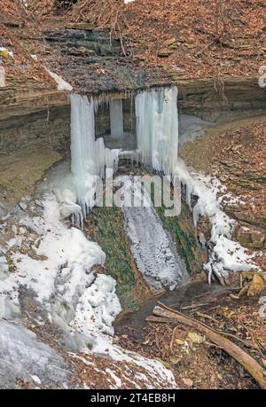 Gefrorener Wasserfall in den Woods im Pikes Peak State Park in Iowa Stockfoto