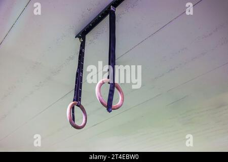 Nahaufnahme der von der Decke abgehängten Gymnastikringe im Krafttraining. Schweden. Stockfoto