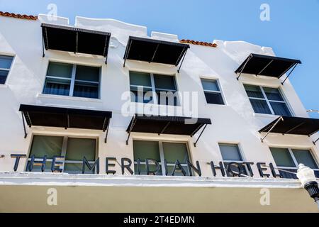 Miami Beach Florida, Außenansicht, Hotel vor dem Eingang des Gebäudes, Collins Avenue, das Meridian Miami Hotel Schild, Hotels Motels Unternehmen Stockfoto