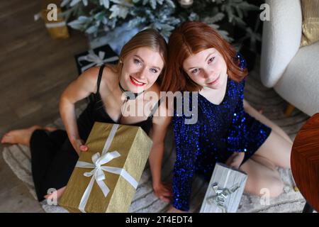 Zwei schöne Mädchen mit Geschenk. Models posierten am Silvesterabend in der Nähe von geschmücktem Weihnachtsbaum. Stockfoto