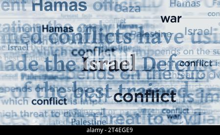 Israel Hamas Palästina Konflikt Krieg Krise. Schlagzeilen Titel internationale Medien abstrakte Konzept 3D Illustration. Stockfoto