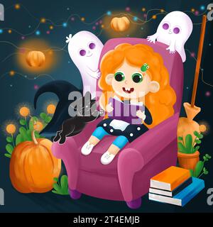 Eine kleine Hexe sitzt auf einem Stuhl und liest ein Buch. Neben ihr sind eine schwarze Katze und zwei Geister sowie Kürbisse. Halloween-Illustration. Stockfoto