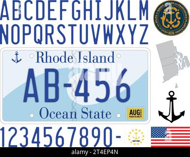 Rhode Island US State Car Kennzeichen Muster, Buchstaben, Zahlen und Symbole, Vektor Illustration, USA Stock Vektor