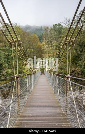 Eine alte Kettenbrücke überspannt den Fluss Dee bei Llangollen, die im Herbst 2023 unter Nebel und Wolken zu sehen war. Stockfoto