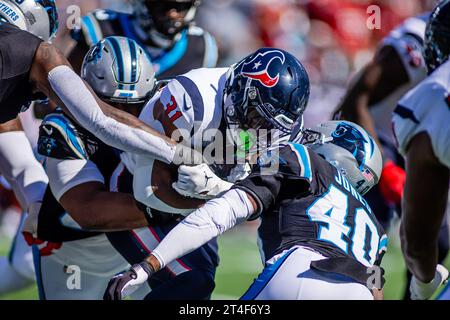Charlotte, NC, USA. Oktober 2023. Houston Texans Running Back Dameon Pierce (31) wird von Carolina Panthers Defensive Tackle Shy Tuttle (99) während des ersten Viertels des NFL Matchups in Charlotte, NC, getaktet. (Scott Kinser/Cal Sport Media). Quelle: csm/Alamy Live News Stockfoto