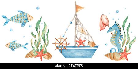 Set aus Aquarellkompositionen mit niedlichem Schiff, Boot und Fisch mit Seepferdchen. Seesterne, Muscheln und Wasserblasen. Stockfoto