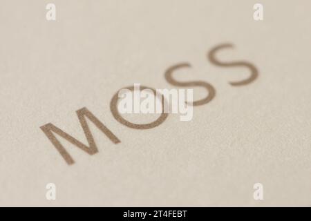 Eine Nahaufnahme des Moss-Logos, wie auf einem Tag zu sehen. Stockfoto