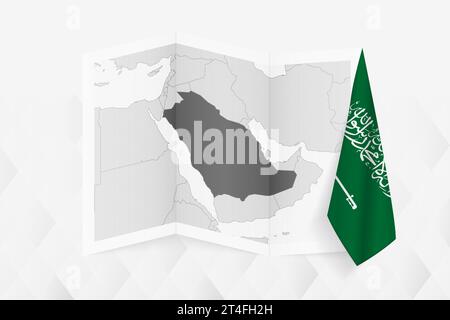 Eine graue Karte von Saudi-Arabien mit einer hängenden Saudi-arabischen Flagge auf einer Seite. Vektorkarte für viele Arten von Nachrichten. Vektorabbildung. Stock Vektor