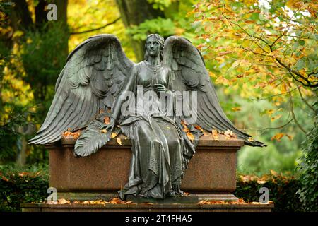 Schöner Engel mit gespreizten Flügeln auf dem herbstlichen melatenfriedhof in köln Stockfoto