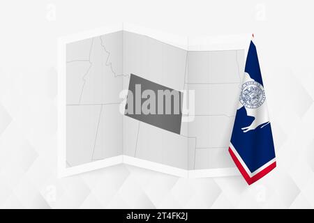 Eine Graustufenkarte von Wyoming mit einer hängenden Wyoming-Flagge auf einer Seite. Vektorkarte für viele Arten von Nachrichten. Vektorabbildung. Stock Vektor