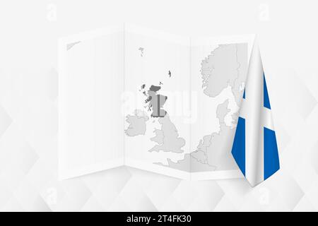 Eine graue Karte von Schottland mit einer hängenden schottischen Flagge auf einer Seite. Vektorkarte für viele Arten von Nachrichten. Vektorabbildung. Stock Vektor