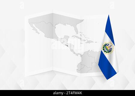 Eine graue Karte von El Salvador mit einer hängenden salvadorianischen Flagge auf einer Seite. Vektorkarte für viele Arten von Nachrichten. Vektorabbildung. Stock Vektor