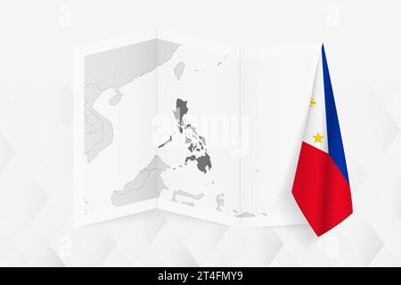 Eine graue Karte der Philippinen mit einer hängenden philippinischen Flagge auf einer Seite. Vektorkarte für viele Arten von Nachrichten. Vektorabbildung. Stock Vektor