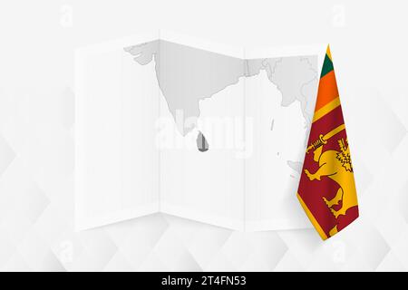 Eine graue Karte von Sri Lanka mit einer hängenden Sri-lankischen Flagge auf einer Seite. Vektorkarte für viele Arten von Nachrichten. Vektorabbildung. Stock Vektor