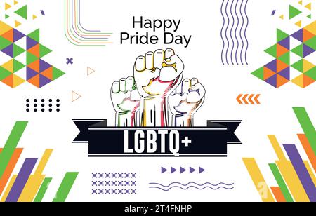 „Happy Pride“-Text und abstraktes Hintergrunddesign mit „Rainbow Pride“-Band. LGBTQ-Community-Vektor-Illustration Stock Vektor