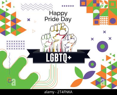 „Happy Pride“-Text und abstraktes Hintergrunddesign mit „Rainbow Pride“-Band. LGBTQ-Community-Vektor-Illustration Stock Vektor