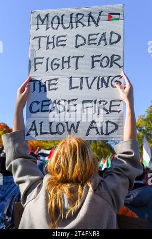 In Montreal, Kanada, vereinigten sich eine Vielzahl von Demonstranten in Solidarität mit den Palästinensern und forderten inbrünstig einen dringenden Waffenstillstand in Gaza am 28. Oktober 2023 Stockfoto