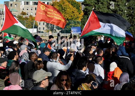 In Montreal, Kanada, vereinigten sich eine Vielzahl von Demonstranten in Solidarität mit den Palästinensern und forderten inbrünstig einen dringenden Waffenstillstand in Gaza am 28. Oktober 2023 Stockfoto
