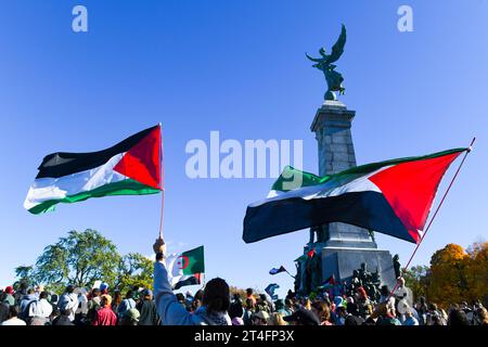 In Montreal, Kanada, vereinigten sich eine Vielzahl von Demonstranten in Solidarität mit den Palästinensern und forderten inbrünstig einen dringenden Waffenstillstand in Gaza am 28. Oktober 2023 Stockfoto