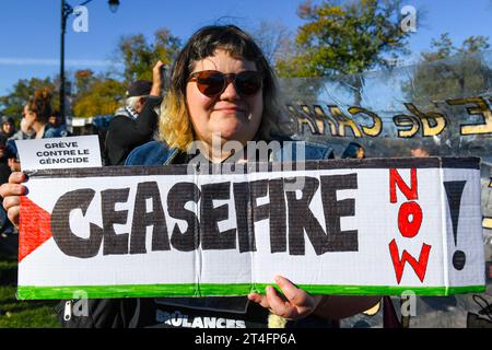 In Montreal, Kanada, vereinigten sich eine Vielzahl von Demonstranten in Solidarität mit den Palästinensern und forderten inbrünstig einen dringenden Waffenstillstand in Gaza am 28. Oktober 2023 Stockfoto