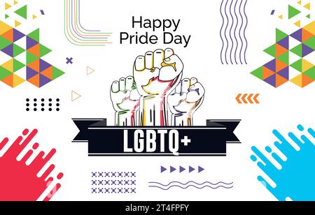 „Happy Pride“-Text und abstraktes Hintergrunddesign mit „Rainbow Pride“-Band. LGBTQ-Community-Vektor-Illustration Stock Vektor