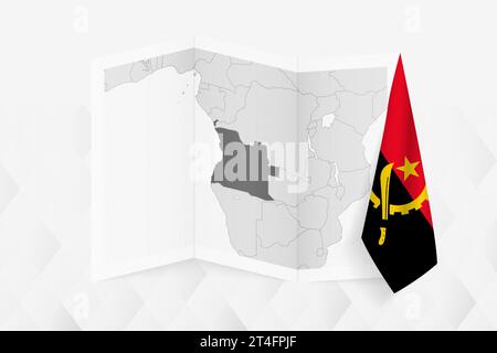 Eine graue Karte von Angola mit einer hängenden angolanischen Flagge auf einer Seite. Vektorkarte für viele Arten von Nachrichten. Vektorabbildung. Stock Vektor