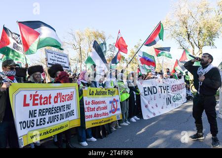 In Montreal, Kanada, vereinigten sich eine Vielzahl von Demonstranten in Solidarität mit den Palästinensern und forderten inbrünstig einen dringenden Waffenstillstand in Gaza am 28. Oktober 2023 Stockfoto
