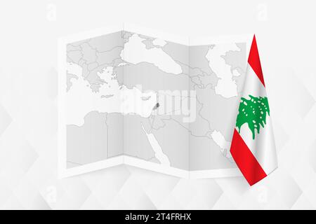 Eine graue Karte des Libanon mit einer hängenden libanesischen Flagge auf einer Seite. Vektorkarte für viele Arten von Nachrichten. Vektorabbildung. Stock Vektor