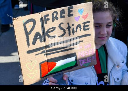 In Montreal, Kanada, vereinigten sich eine Vielzahl von Demonstranten in Solidarität mit den Palästinensern und forderten inbrünstig einen dringenden Waffenstillstand in Gaza am 28. Oktober 2023 Stockfoto