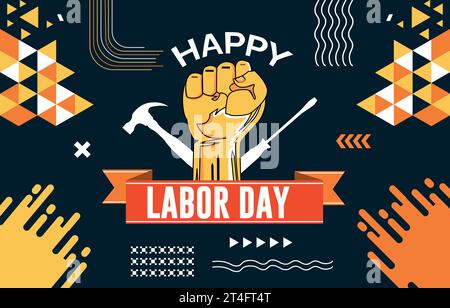 Internationales Happy Labor Day Typografie-Bannerdesign mit Arbeitswerkzeugen und Handfaust. Abstrakter moderner geometrischer Hintergrund. Stock Vektor